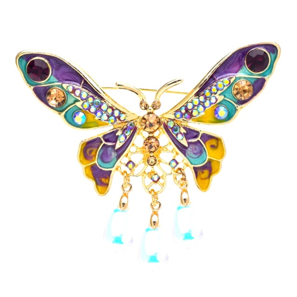 Waterdrops Tassel Butterfly purple gold pearls pin brooch